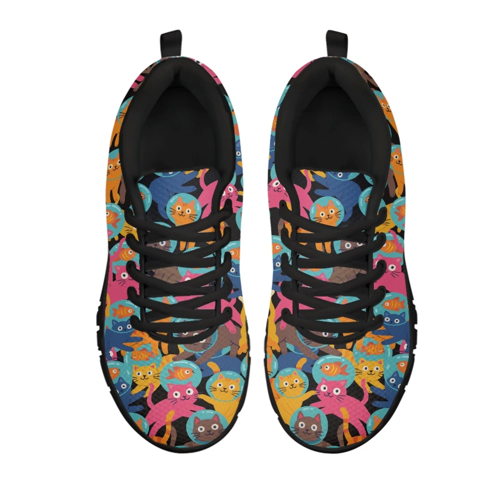 Coloranimal Cat Fish Pattern Men Lightweight Breathable Work Shoes for Nurses Standing All Day Soft Walking Footwear for Travel