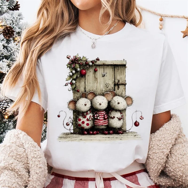 بوابة عيد الميلاد ثلاثة نمط الماوس أزياء مطبوعة المرأة الكرتون تي شيرت الأساسية أعلى عارضة جولة الرقبة المرأة لطيف تي شيرت