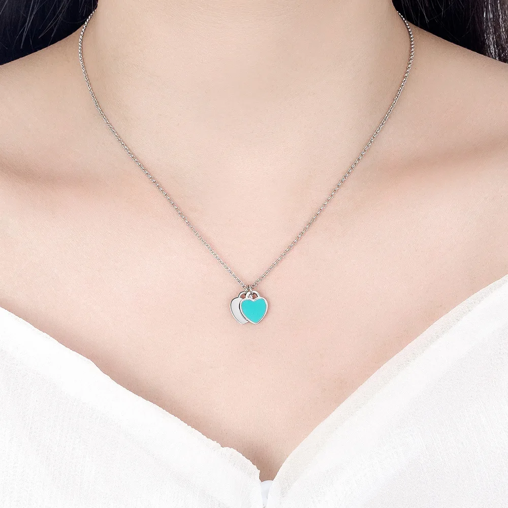 Double Color Heart Pendant Necklace For Women White Gold Color Plated Sweater Chain Fashion Jewelry for Female