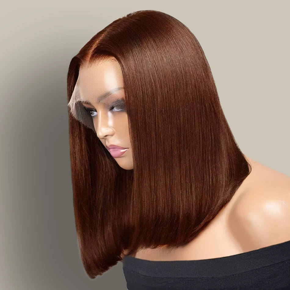 

#4 Bone Straight Short Bob Wigs 13x4 Lace Frontal Wigs Human Hair Medium Brown 220 Density Preplucked Lace Front Human Hair Wigs