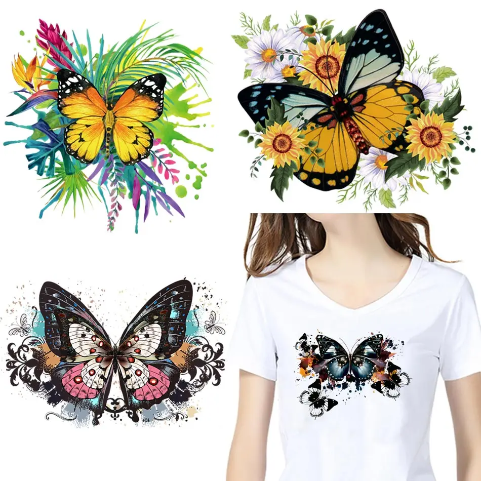 Black Butterfly Heat Sticker On T-shirt DIY Washable Iron On Transfer For Clothing Hoodies Flower Fine Patch On Clothes Applique