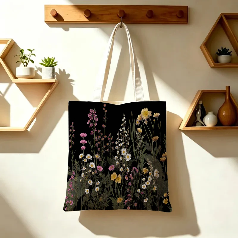 Tote Bag pastoral style black background wild daisy multi-color floral print large-capacity new tote bag