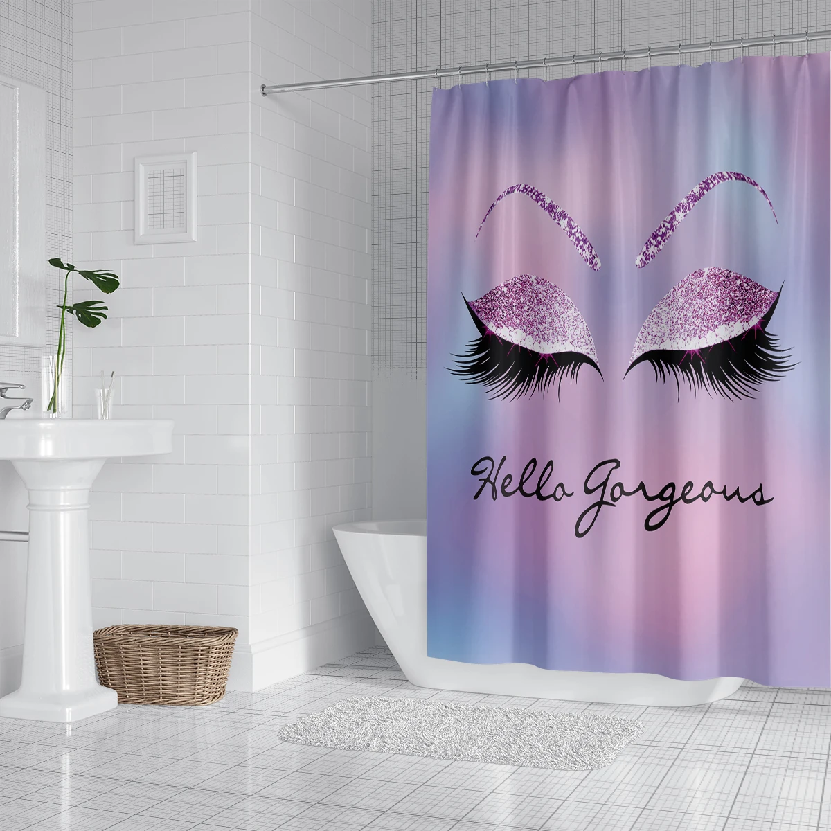 1 piece of 180x180cm pink purple gradient eyelash print shower curtain partition bathroom waterproof and mold resistant