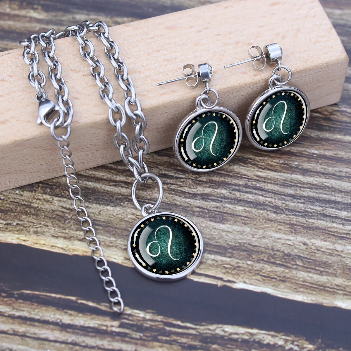 1set Dark Green 12 Constellation Symbol Single Sided Glass Pendant Bracelet Rhinestone Earring Set Exquisite Jewelry Set