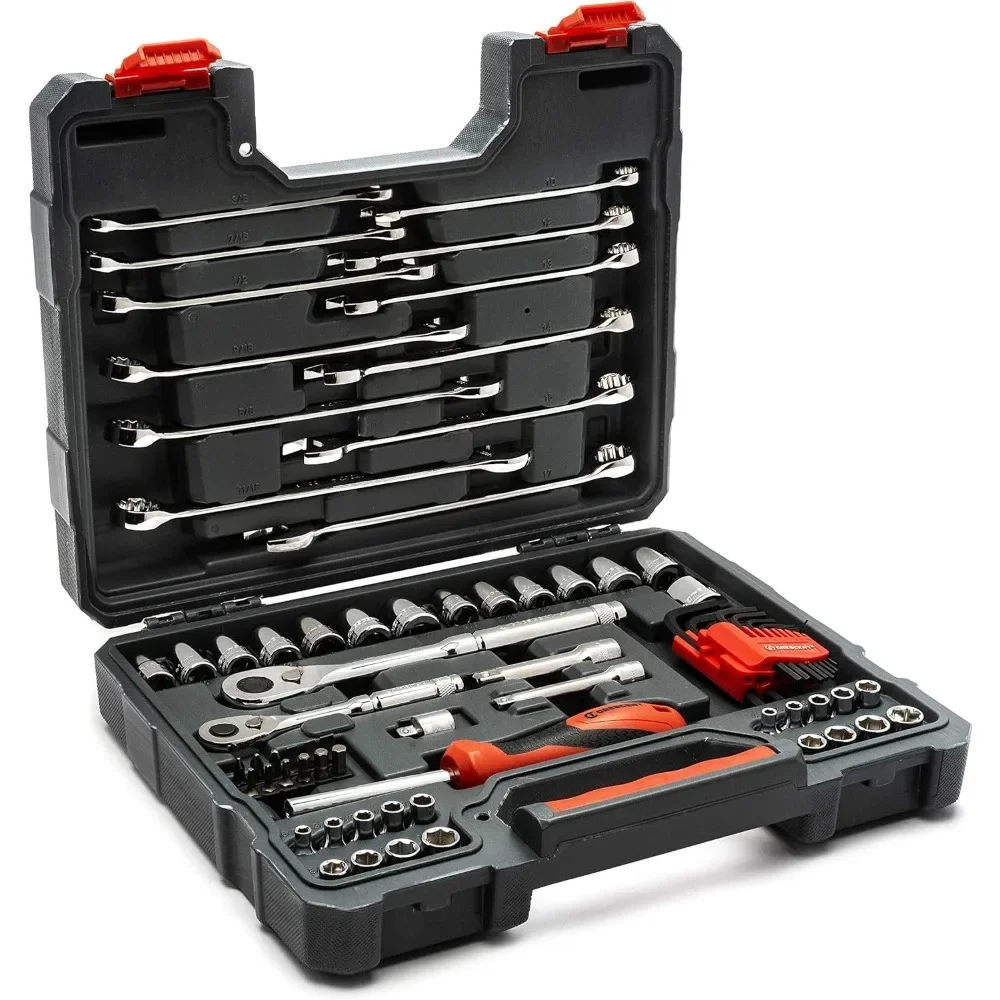

70 Piece 1/4" & 3/8" Drive 6 & 12 Point Standard SAE/Metric Mechanics Tool Set Manufactured from chrome alloy steel for better