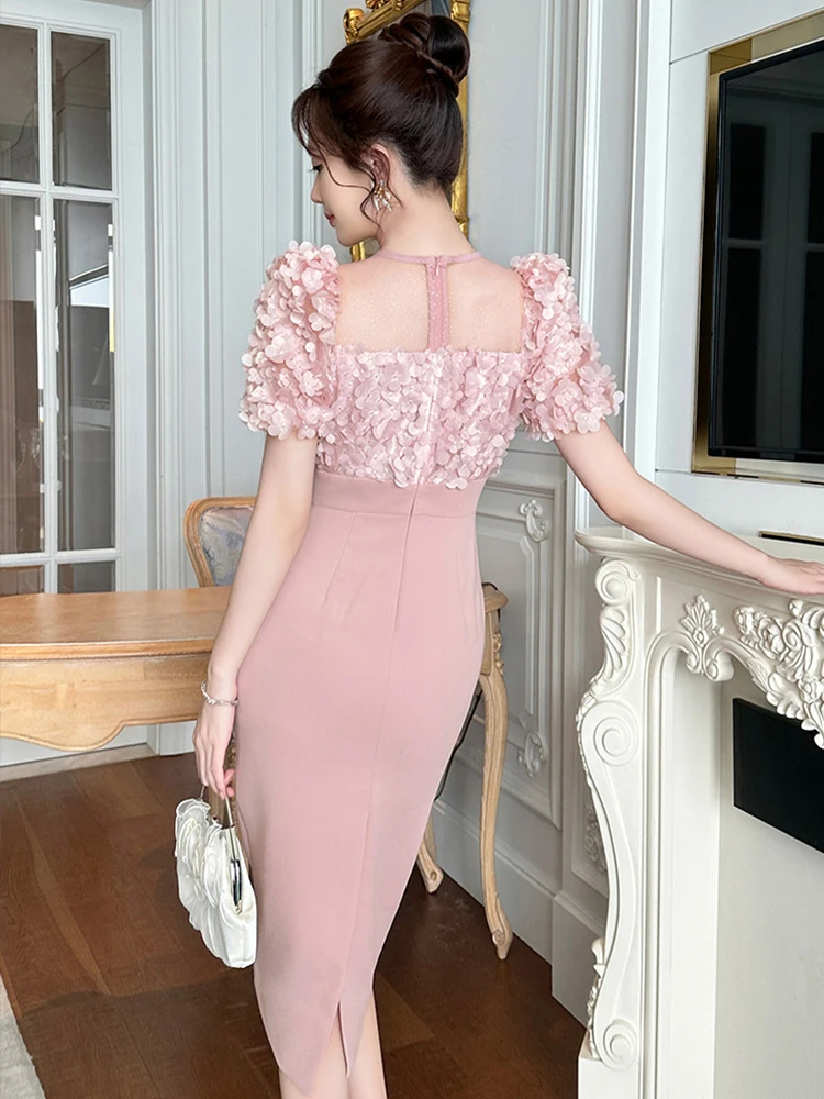 Vestido formal francês elegante para mulheres, lindo, flores rosa, malha transparente, midi, festa de aniversário, festival de música