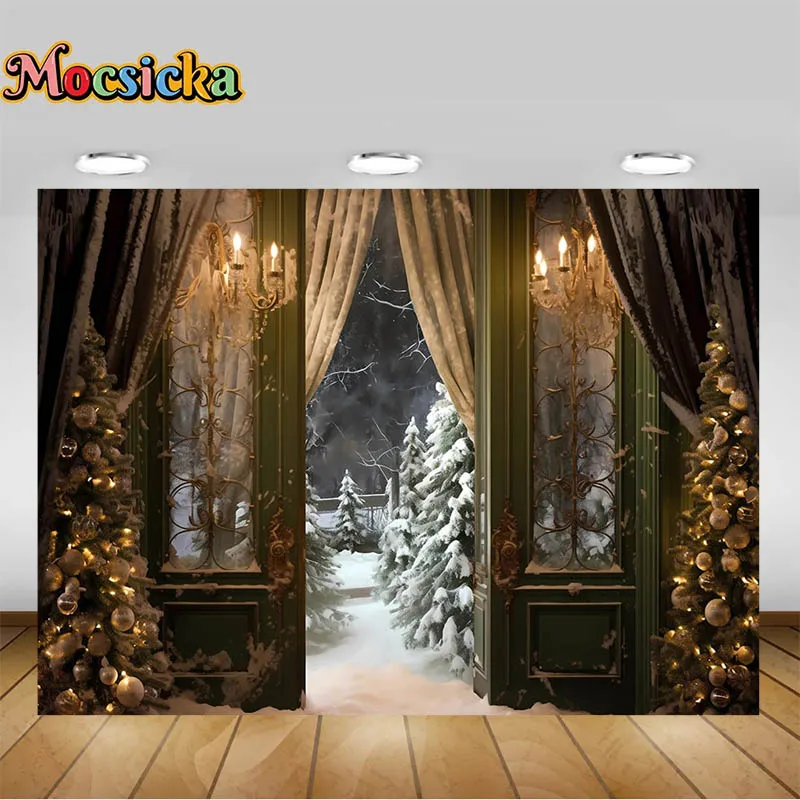 Winter Christmas Party Decoration Background Snowy Scene Outside House Snowflakes Xmas Tree Candles Cedar Photo Booth Studio