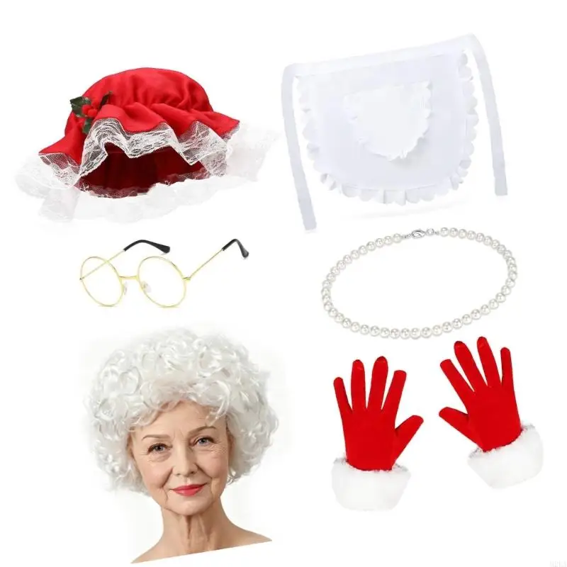2026 New Mrs. Clauses Costume Santa Clauses Costume Christmas Costume Accessory Set with Curly White Red Bonnet, Apron,