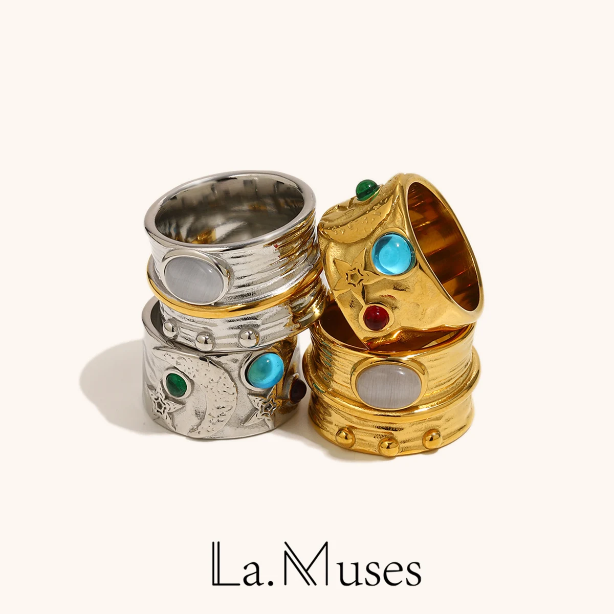 La. Muses Mixed Color Lines Cat Eye Stone Stainless Steel Women's Ring PVD Gold Plated Fashion Jewelry Accessories