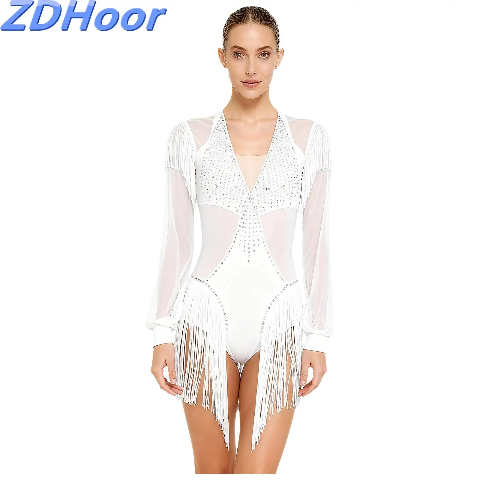 

Womens Latin Tango Leotard Bodysuit Sheer Mesh Shiny Rhinestones Tassel Long Sleeve Crotch Jumpsuit for Salsa Figure Skating
