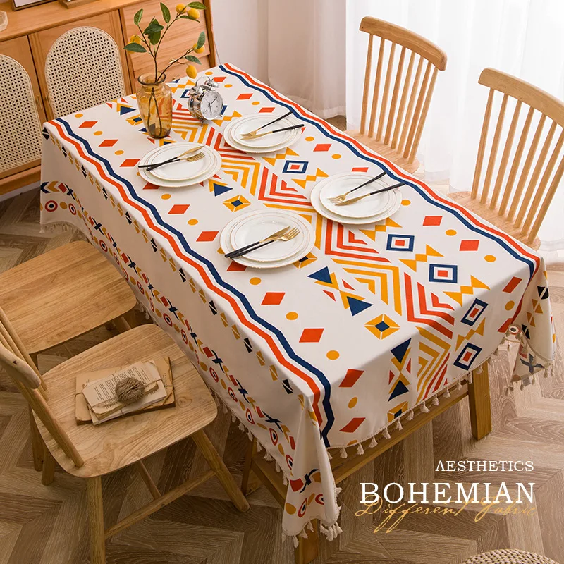 

Bohemian Cotton Linen Tablecloth, Waterproof, Wash-Free Printing, Geometric Rectangle Table Mat, Fabric Table