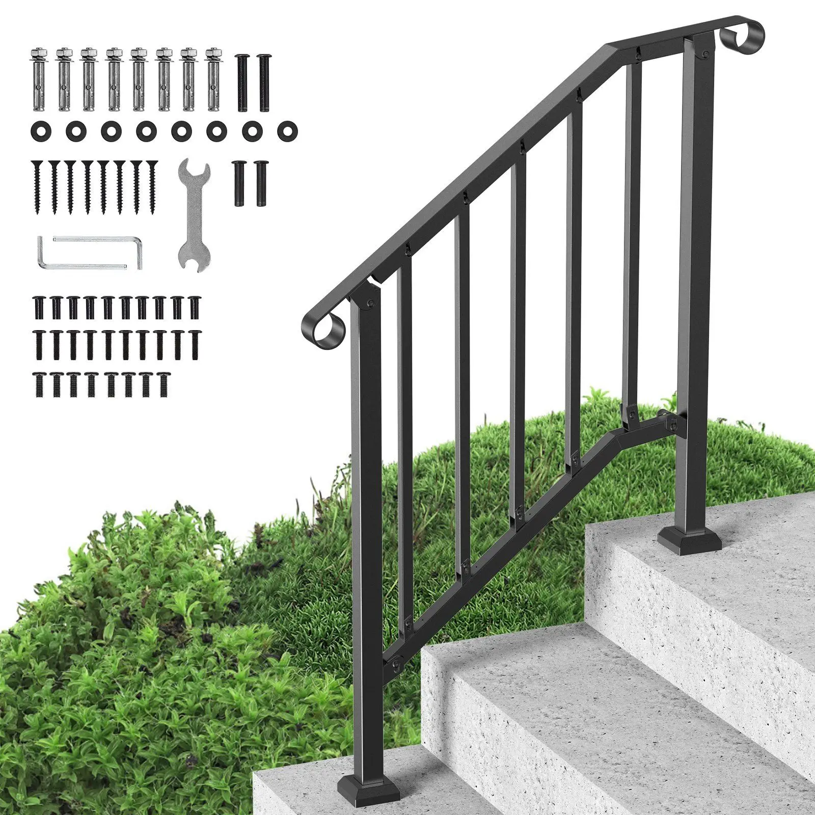 

Handrails for Outdoor Steps 2-3 Step Stair Rail Kit Transitional Carbon Steel for Seniors Porch Deck Concrete Black