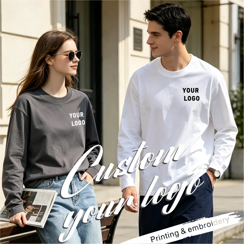 100% Cotton Long Sleeve T-Shirt Casual Crew Neck Soft Unisex Daily Tee Solid Color Customized Printing  Embroidery Men Women Top