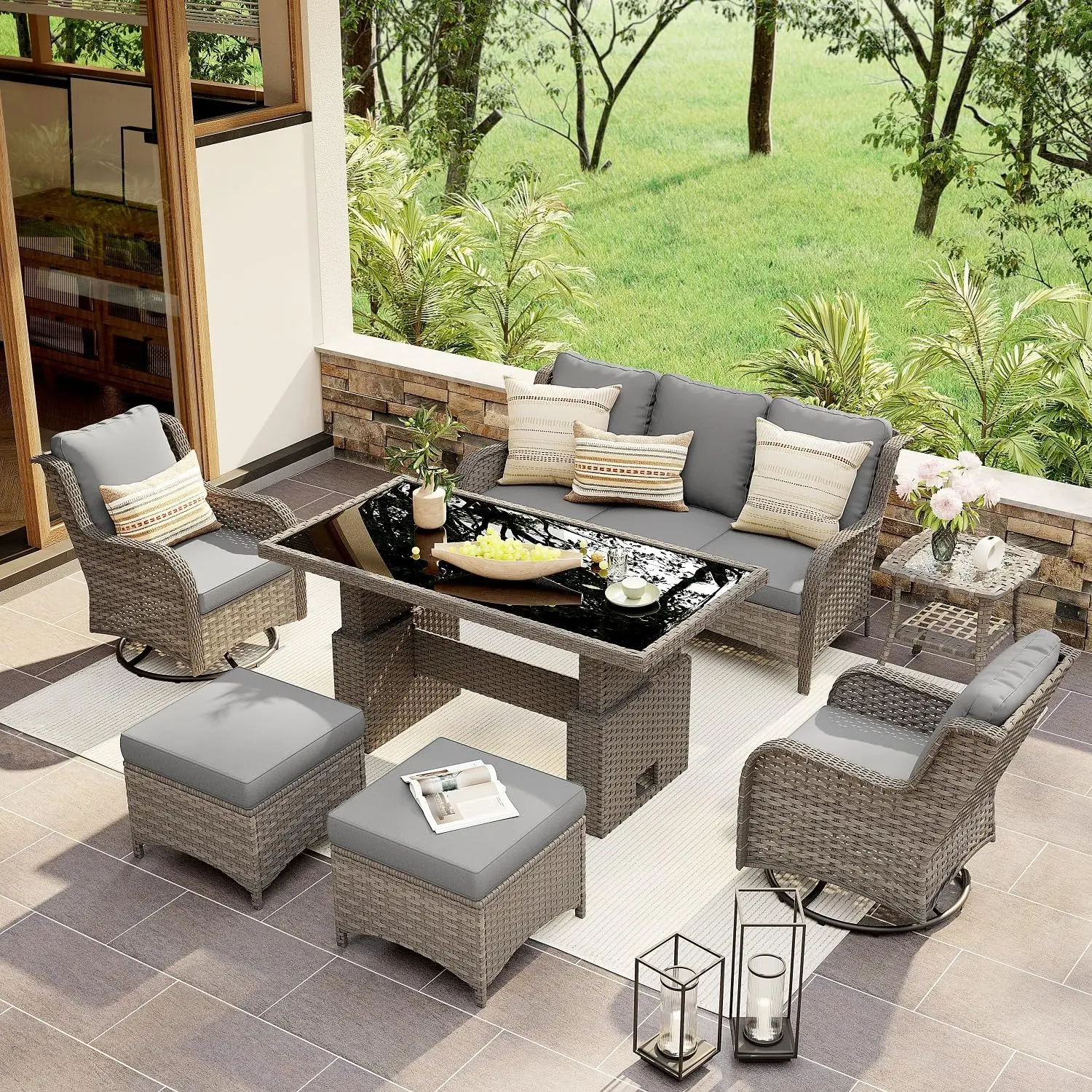 

Outdoor Furniture Set Wicker Patio Conversation Set， Outdoor Patio Sectional Furniture Set with Lift Dining Table, Patio Chair