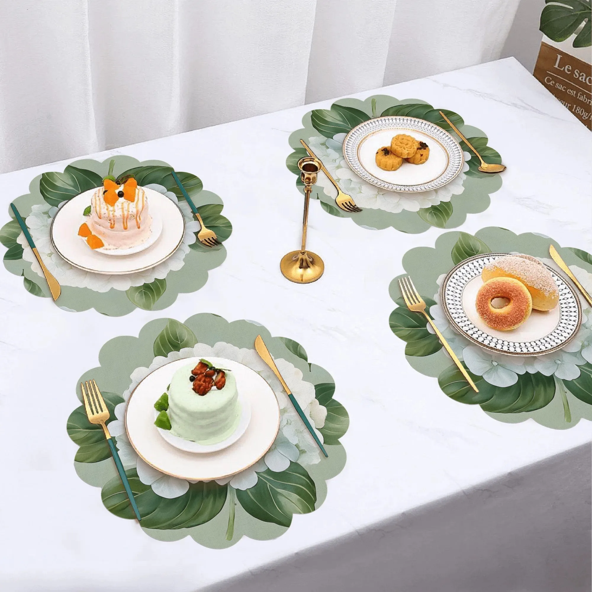 French Hydrangea Round Placemat Waterproof Oil-Resistant Easy to Clean Fresh Green  White Nordic Style Table Mat