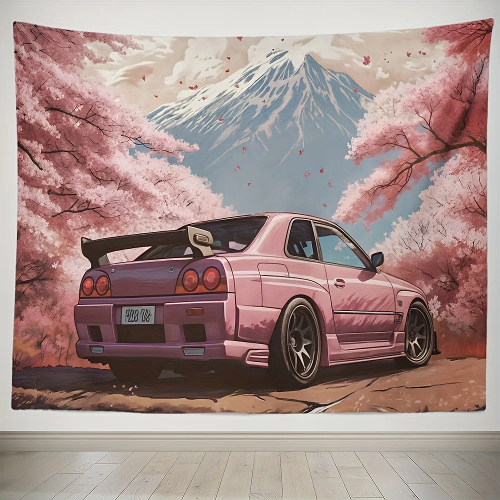 Aesthetic JDM Car Tapestry Polyester Wall Hanging Sakura Cherry Blossom Anime Style Nissan Silvia 160SX Automotive Anime Boy Dec
