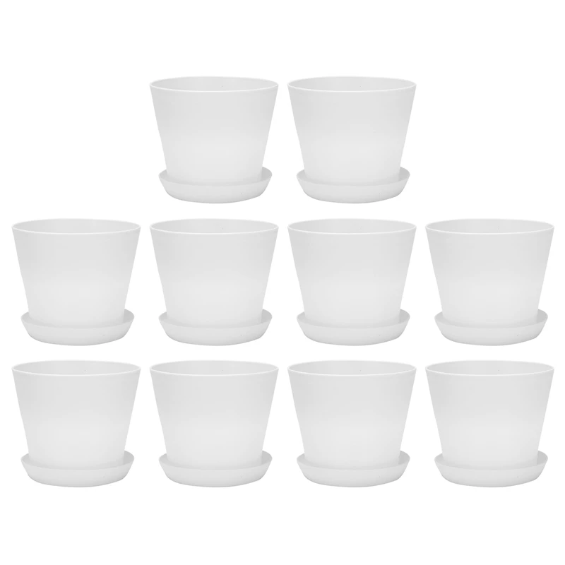 

10X Plastic Plant Flower Pot Planter With Saucer Tray Round Gloss Home Garden Decor, White Upper Caliber,17Cm / 6.69Inch