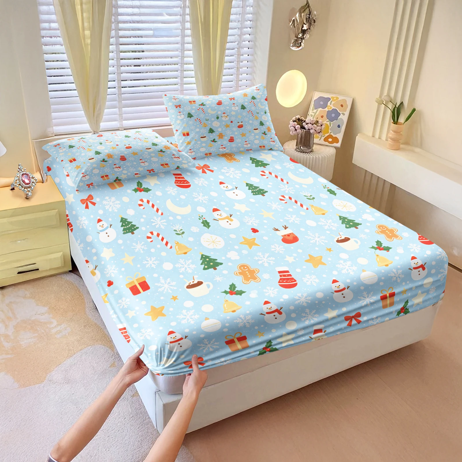 Light Blue Christmas Fitted Sheet Set Snowman Xmas Tree Gingerbread Print Elastic Mattress Cover with Pillowcase Holiday Bedding