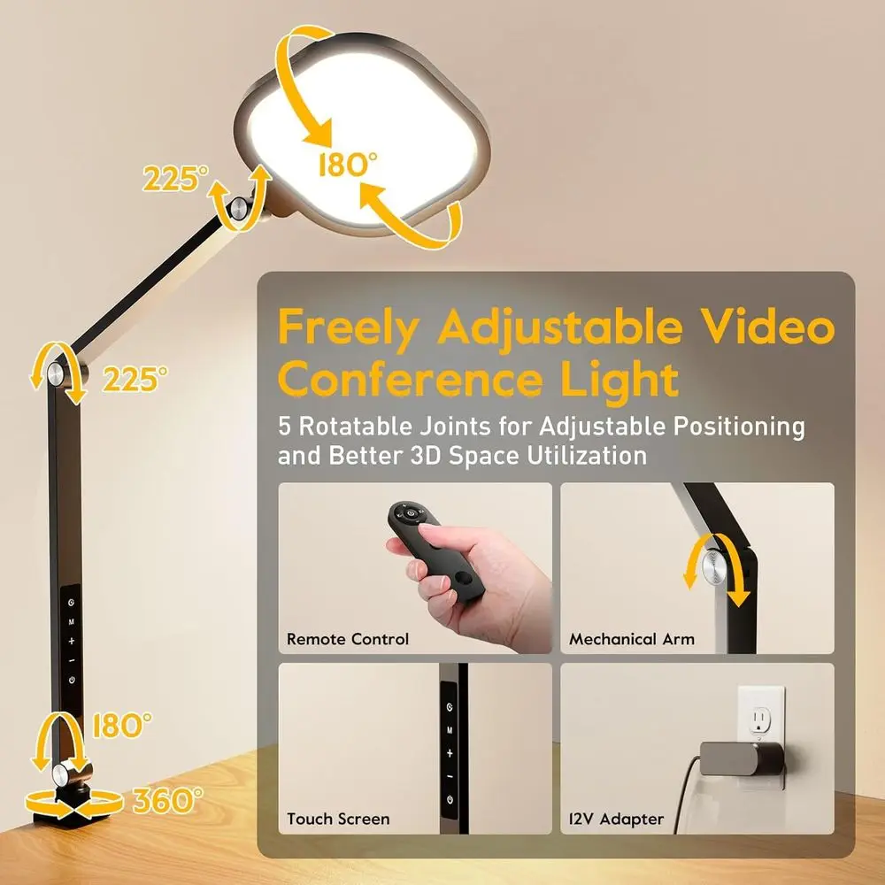 مصباح مكتبي بمشبك LED 1200 لومن للمكتب المنزلي، ضوء للعناية بالعين مع 3 ألوان و10 مستويات سطوع، جهاز تحكم عن بعد، الذاكرة و
