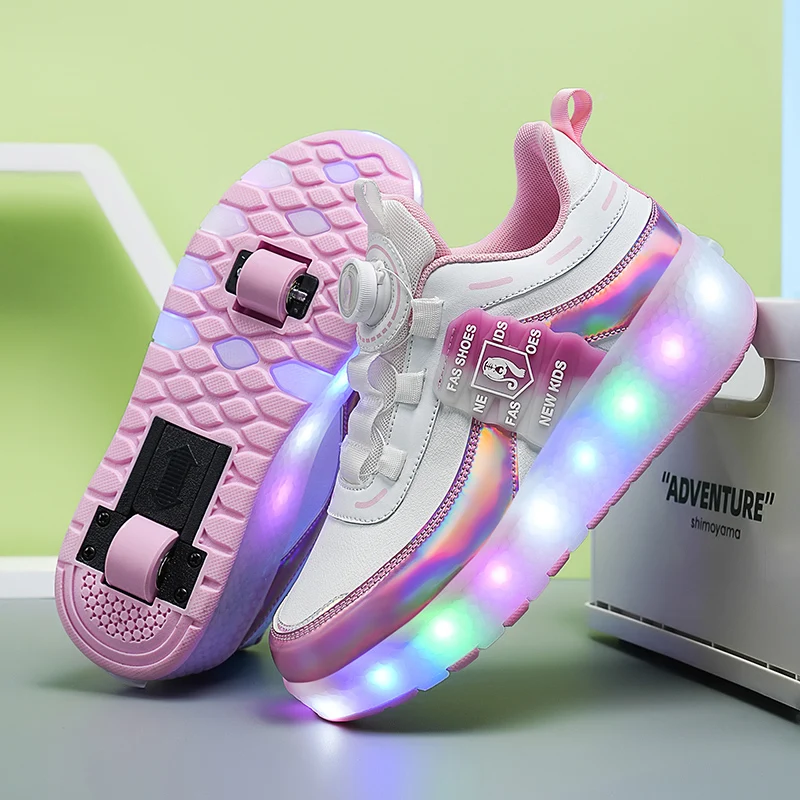 2 Wheels Dual-use Luminous Led Light USB Charging Roller Skates Sneakers For Girls Boys Students Outdoor Wheeled Sports Shoes