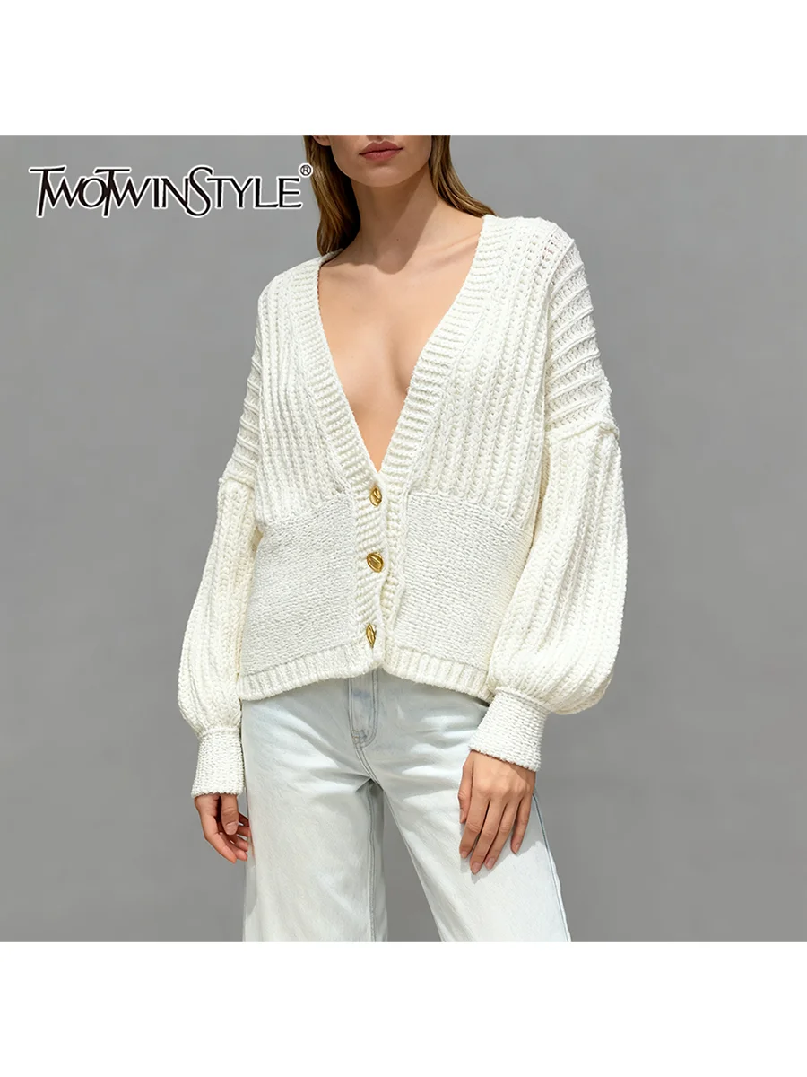 

TWOTWINSTYLE Solid Loose Spliced Single Breasted Casual Cardigans for Women V Neck Long Sleeves Basics Cardigan Female Clothing