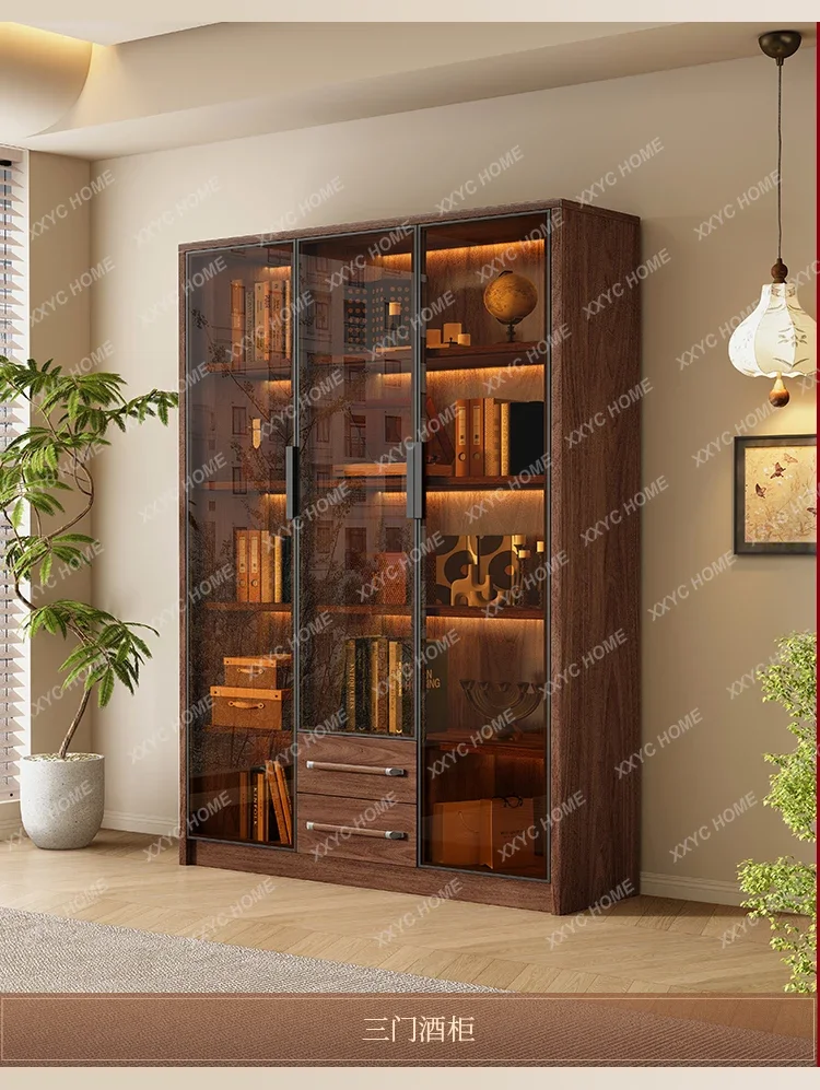 Solid wood wine cabinet with induction light, study room, living room, display cabinet against the wall
