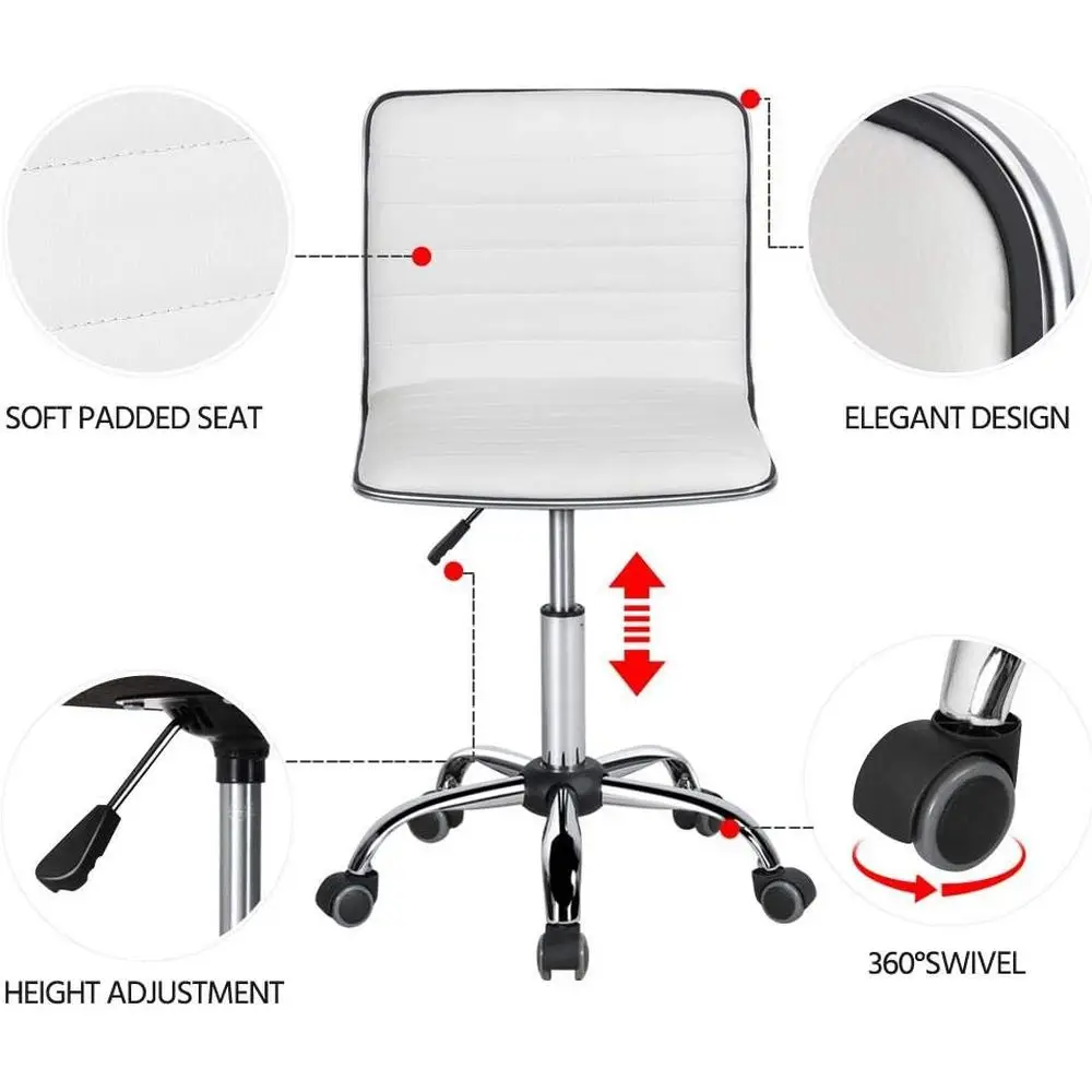 Adjustable Task Chair PU Leather Low Back Ribbed ArmlSwivel White Desk Chair Oice Chair Wheels view 4