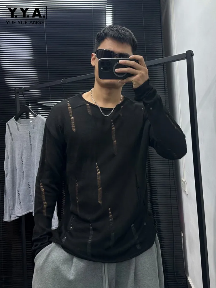 High Street Mens Hollow Out Sweater Top O Neck Long Sleeve Fashion Hole Ripped Pullover Jumpers Loose Fit Designer Knit Sweaters