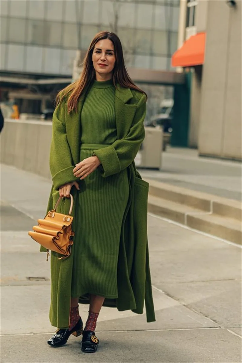 Chaqueta larga gruesa de Cachemira para mujer, abrigo de lana verde a la moda, traje de Blazer hecho a medida, vestido de graduación, ropa de calle informal para mujer