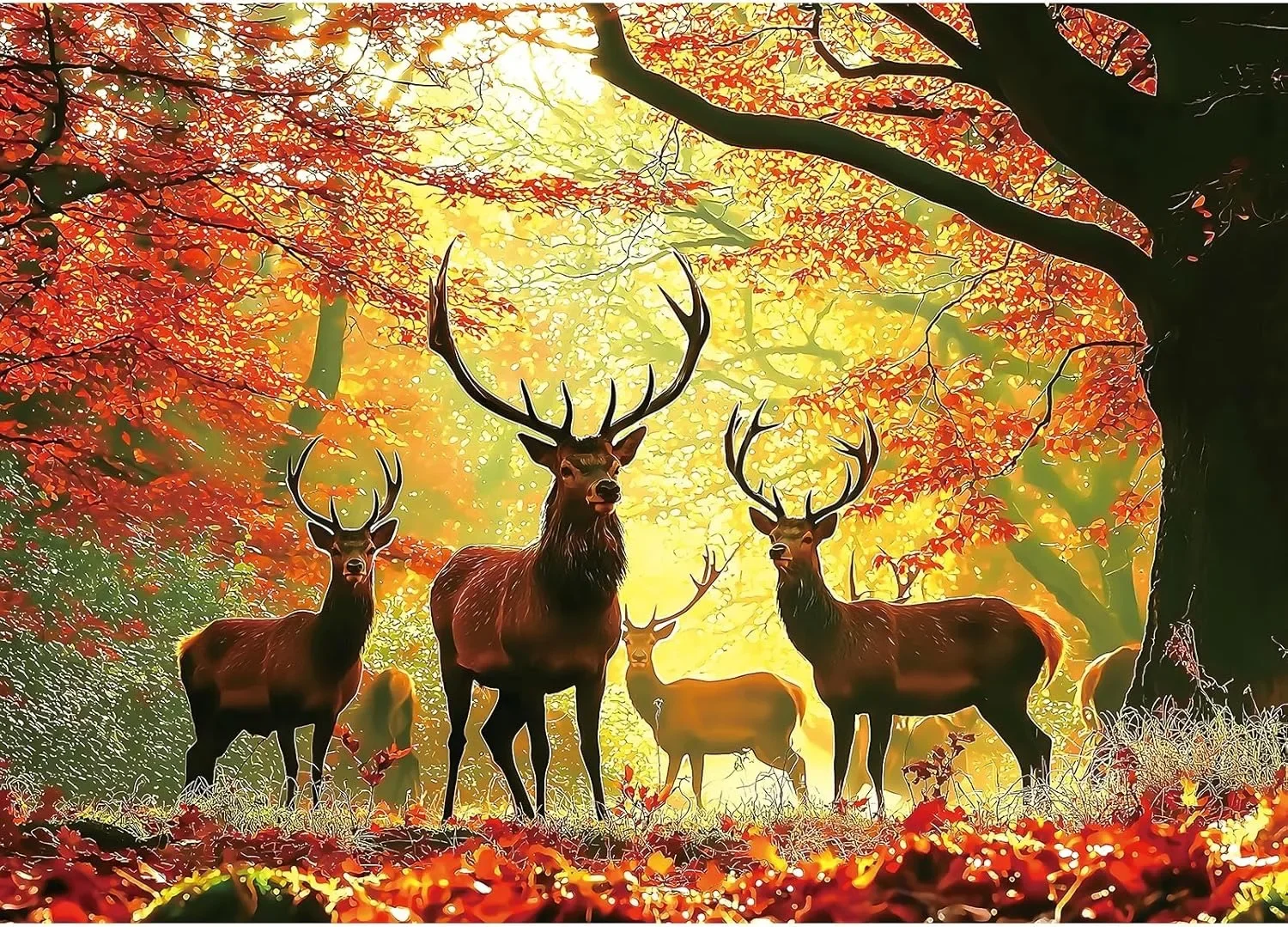 

Deer Herd Under Maple Leaves Jigsaw Puzzles 1000/500/300 Pieces Family Activity Games for Gameroom Bedroom Livingroom Decor