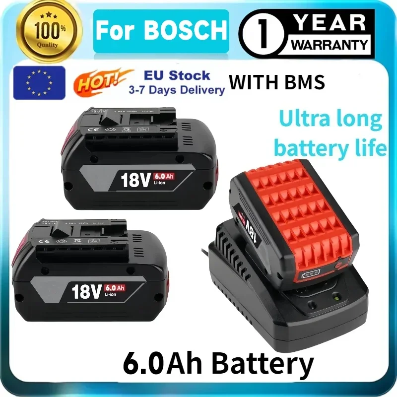 

18V 6.0Ah Rechargeable Battery, for Bosch Portable Replacement GBA GSR GSB BAT618 BAT609 BAT620 18V 6.0AH Battery