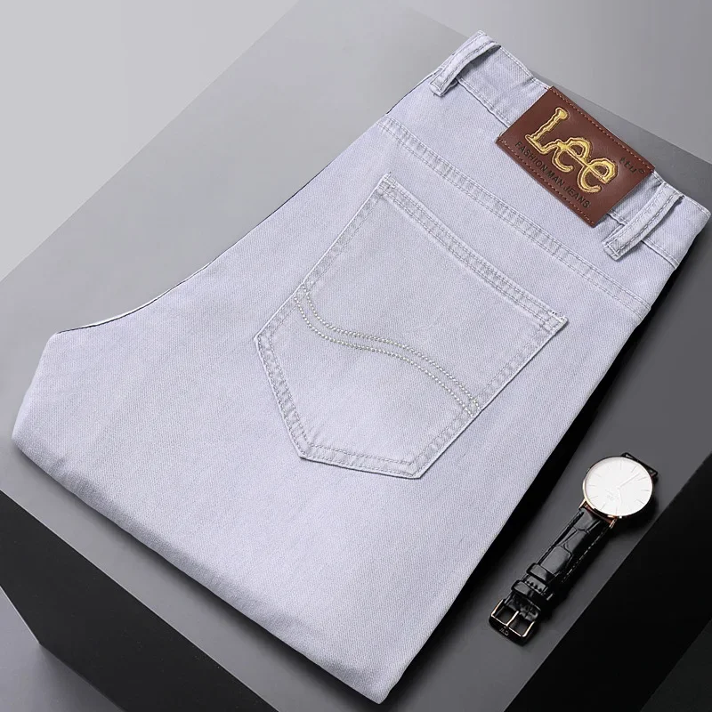 Lee Dex Cross-Border Trade Men's Straight-Leg Slim Fit Jeans Spring Summer Thin Light Grey Stretch Business Youth Casual Denim