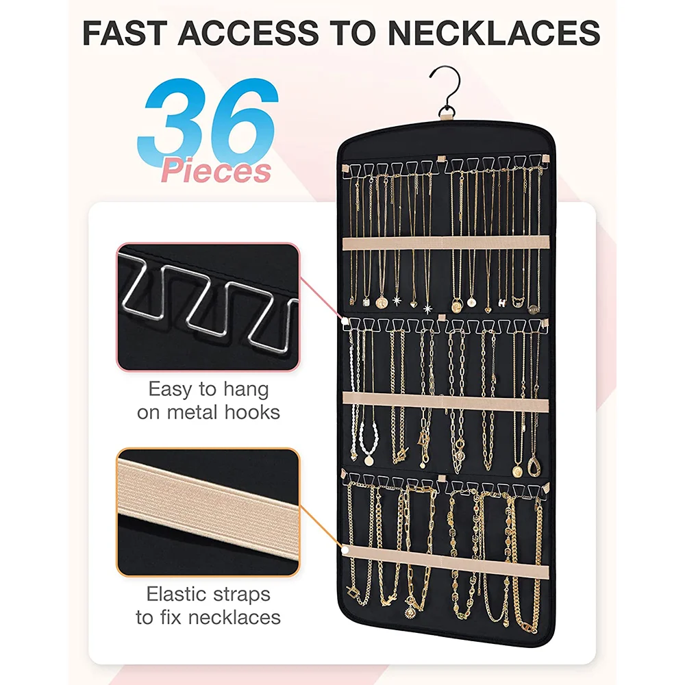 Wall Hanging Jewelry Organizer Necklace Holder Anti-tangle Earrings Hanger with 20 Jewelry Bags Travel Jewelry Storage Roll