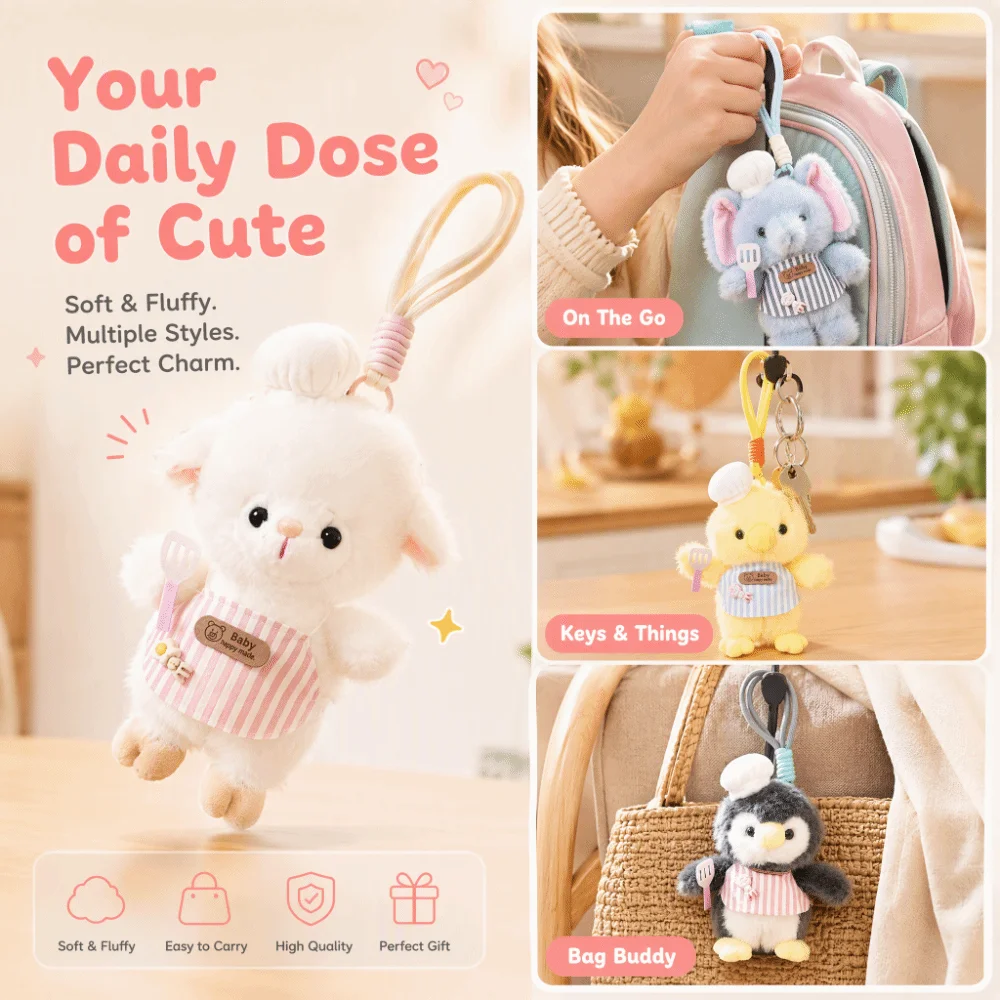 Soft Plush Chef Sheep Plush Keychain Mini Size Animal Shape Stuffed Animal Doll Detachable Ring Bag Pendant Charm Key Accessory