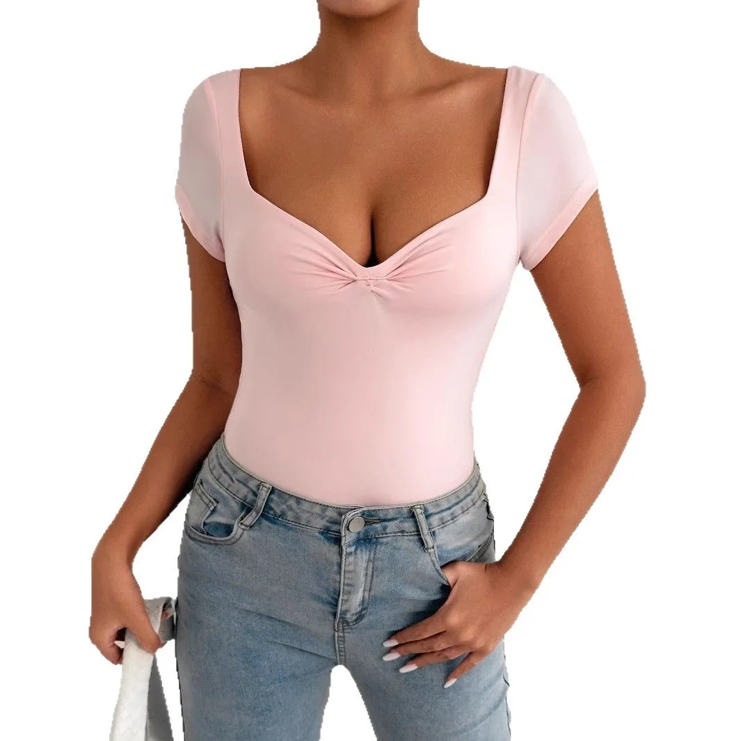 

Summer Clothes Fashion Women's Sexy V-neck Back Solid Color Slim Fit Short Sleeve Patchwork Short Sleeved Jumpsuit Rompers