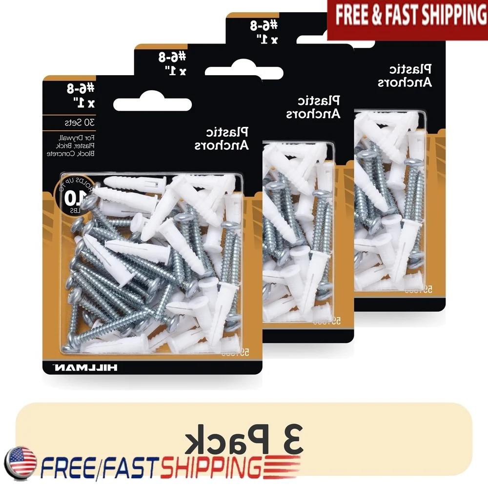 

3 Pack Plastic Anchors with Screws Easy Installation Hollow Walls Drywall Plaster Brick Concrete Holds Up to 10lbs