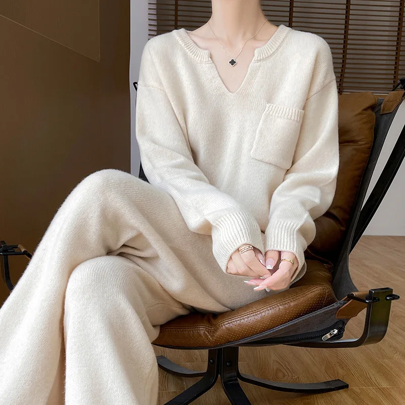 

2025 New Style Padded Casual Style Trendy Two-Piece Set in Autumn/Winter New Large Size Wide Leg Pants and Knitted Sweater Set