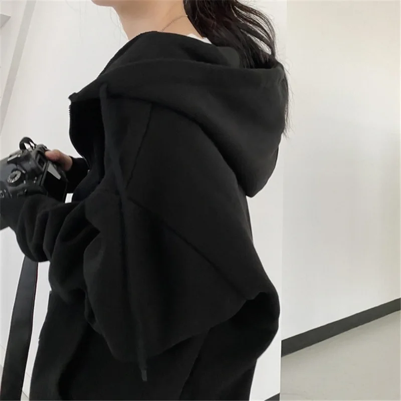 Women Zip Up Hooded Sweatshirt Korean Loose HoodieThickened Hooded Zipper Thickening Plushing Hoodies Casual Solid Jacket Coat