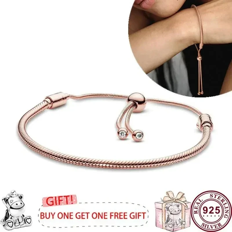 New Hot Selling S925 Sterling Silver Stretchable Leather Rope Woven Original Women's Logo Sliding Bracelet Fashion DIY Jewelry