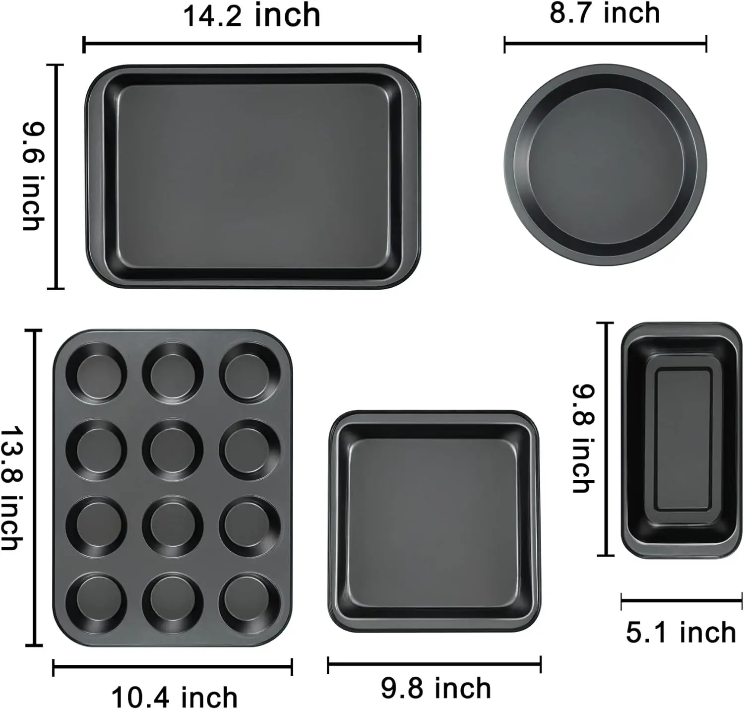 Baking Pans Nonstick Set, 5-Piece Bakeware Sets with Round/Square Cake Pan, Muffin Pan, Loaf Pan, Roast Pan, Baking Sheets