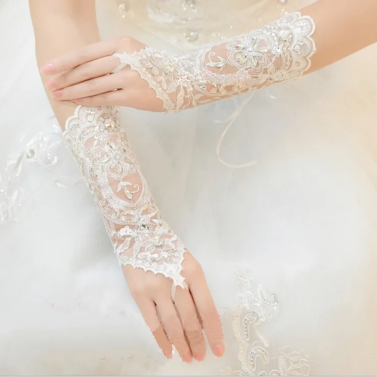 Guantes de encaje de diamantes de imitación blancos sin dedos, accesorios de Boda nupcial