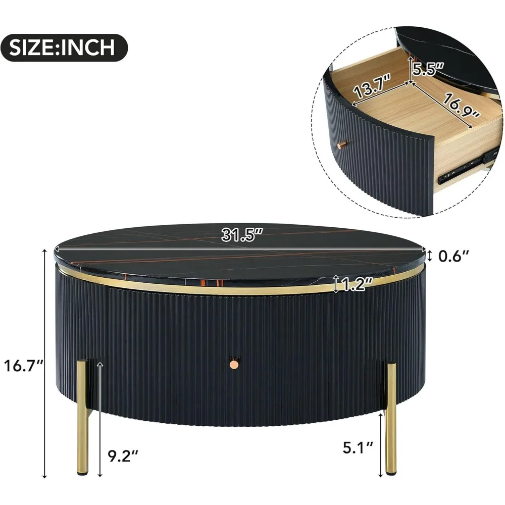 Modern Black and Gold Round Coffee Table with Drawers, Drum Style Marble Top Center Table with Golden Legs