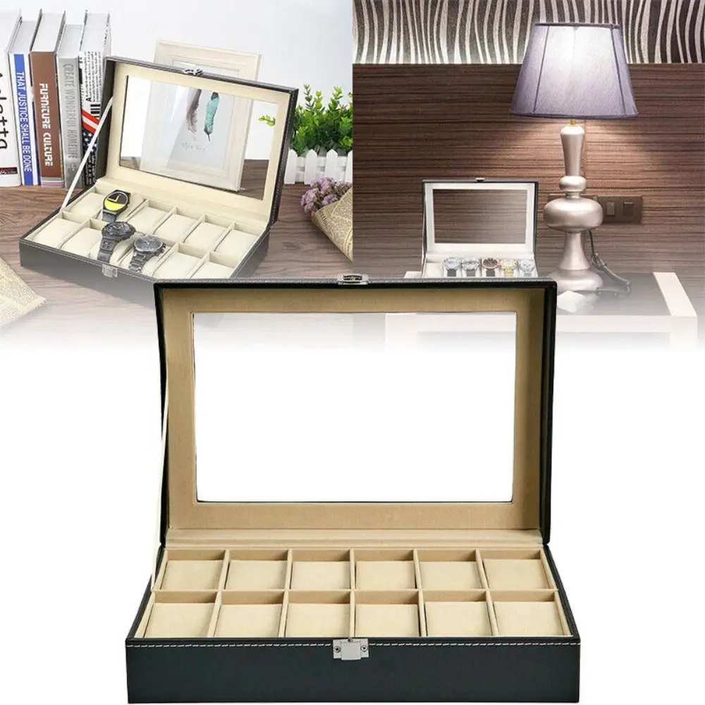 

Mens 6 10 12 Grids PU Leather Watch Display Case Collection Storage Holder Box