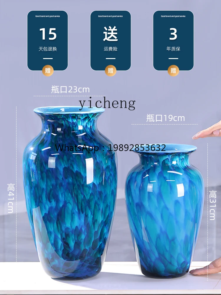 EE  vase ornament living room enamel glass art blue flower arrangement ceramic high-end crafts
