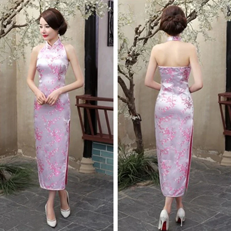 

Розовое тонкое платье Cheongsam с принтом и открытой спиной, вечернее платье размера плюс 3XL, китайское традиционное платье, новинка Qipao