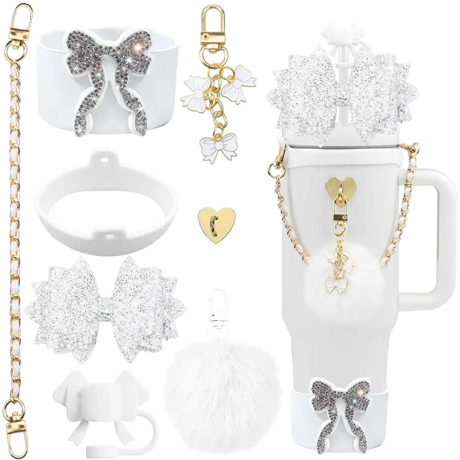 Floral Decorative Straw Topper with Small Flower Pom-Pom Silicone Sleeve Cup Key Pendant And Hand Str for Stylish Drinking Acces