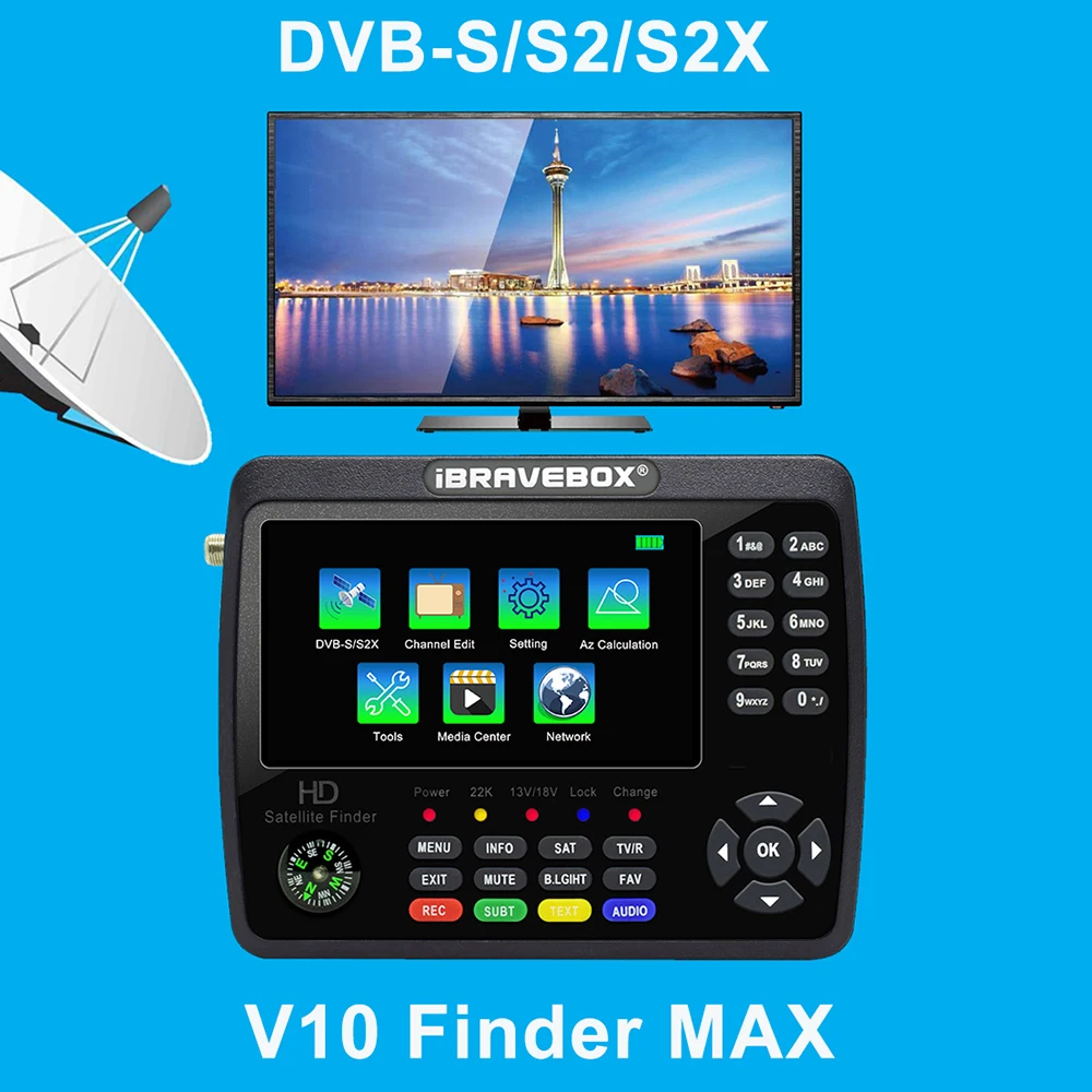 iBRAVEBOX V10 Finder Max HD Satellite TV Signal Finder DVB-S/S2/S2X Digital Handheld Signal Meter Satellite Finder H.265