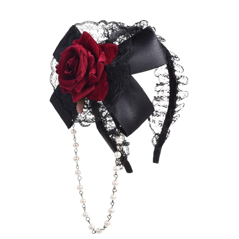 Lolita-diademas rosas florales para mujer, accesorios para el cabello con cadena de cuentas de encaje, diadema Vintage gótica