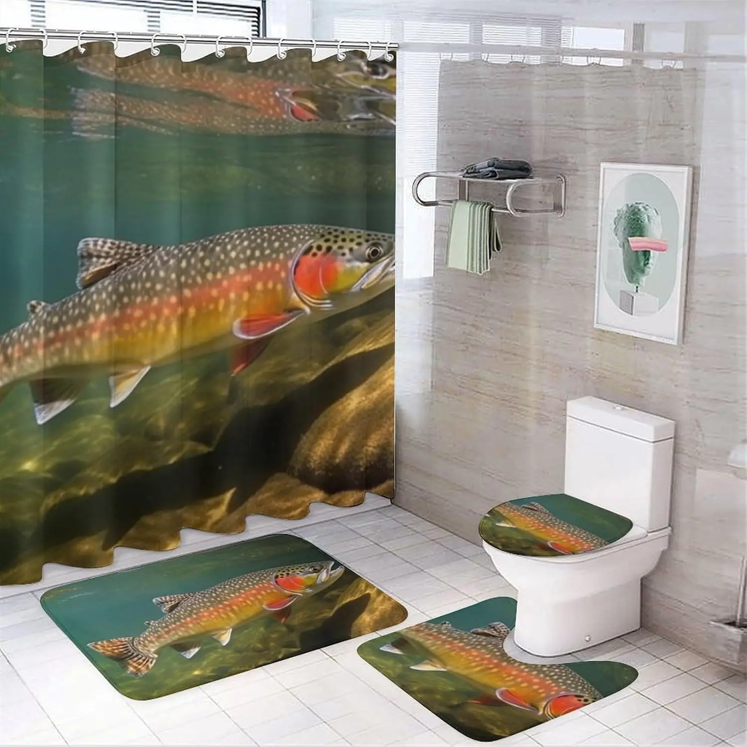 

Набор занавесок для душа, 4-х шт., набор для ванной комнаты с Brook Trout для ловли нахлыстом, нескользящими ковриками, крышкой унитаза и ковриком для ванной комнаты, деко