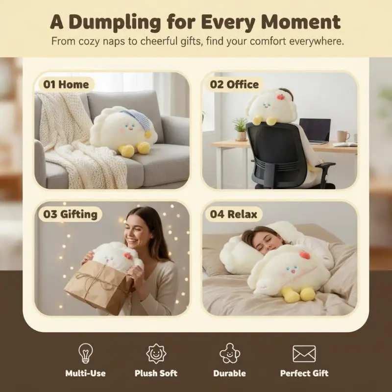 Non-Toxic Dumpling Plush Stuffed Pillow Soft Adorable Cartoon Cushion Doll Toy for Toddlers Gift Bedroom Sofa Decor
